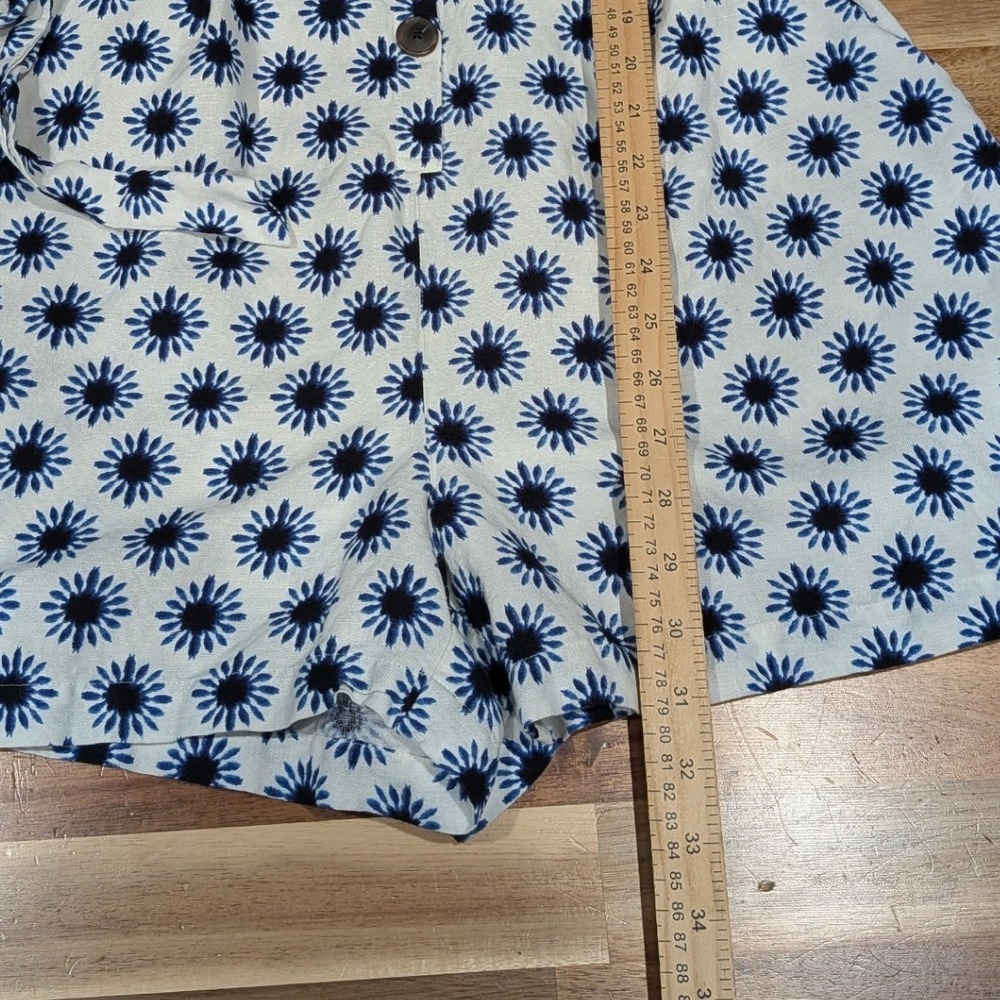 LOFT Womens Romper 10 Linen Blue White Floral Ruffle Sleeve Coastal Cottage - Picture 6 of 10